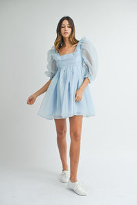 Blue Square Neck Ruffle Babydoll Dress