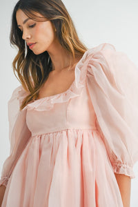 Pink Square Neck Ruffle Babydoll Dress