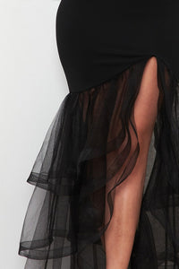 Black Contrast Fabric Off The Shoulder Maxi Dress