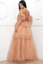 Latte Mesh Ruffle Off The Sleeve Maxi Dress