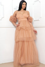 Latte Mesh Ruffle Off The Sleeve Maxi Dress