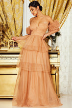 Latte Mesh Ruffle Off The Sleeve Maxi Dress