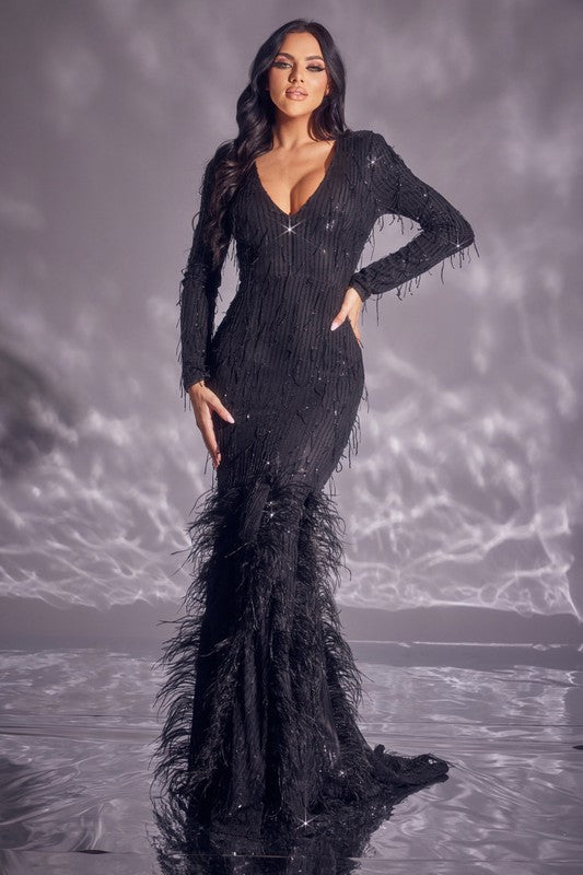 Black Maxi Feather Sequin Gown