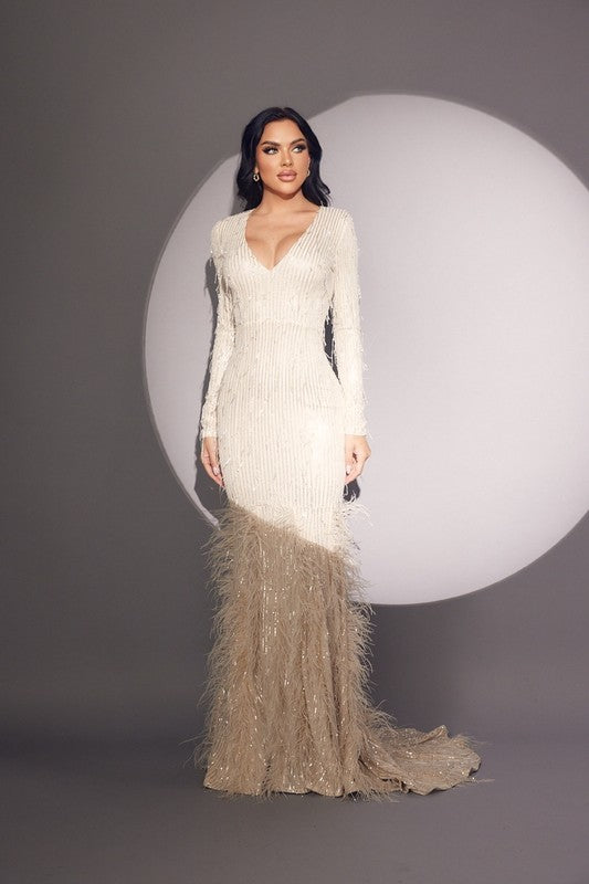 Champagne Maxi Feather Sequin Gown