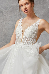 Off White Sleeveless V Neck Corset A Line Wedding Gown