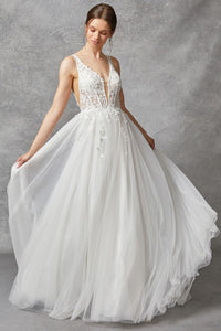 Off White Sleeveless V Neck Corset A Line Wedding Gown