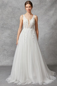 Off White Sleeveless V Neck Corset A Line Wedding Gown