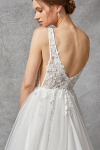 Off White Sleeveless V Neck Corset A Line Wedding Gown