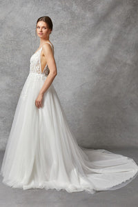 Off White Sleeveless V Neck Corset A Line Wedding Gown