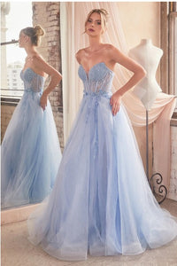 Lt Blue Strapless Layered Tulle Ball Gown