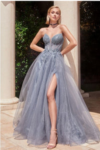Smoky Blue Strapless Layered Tulle Ball Gown