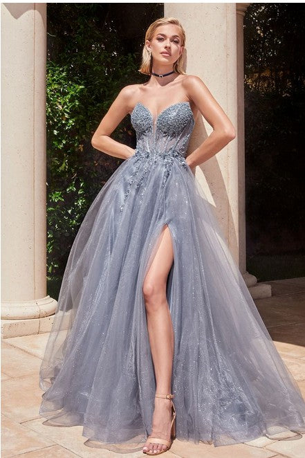 Smoky Blue Strapless Layered Tulle Ball Gown