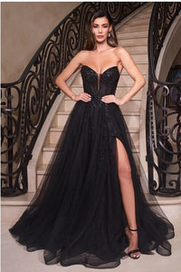 Black Strapless Layered Tulle Ball Gown