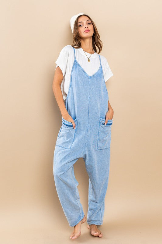 Blue Mineral Washed French Terry Harem Jumpsuit