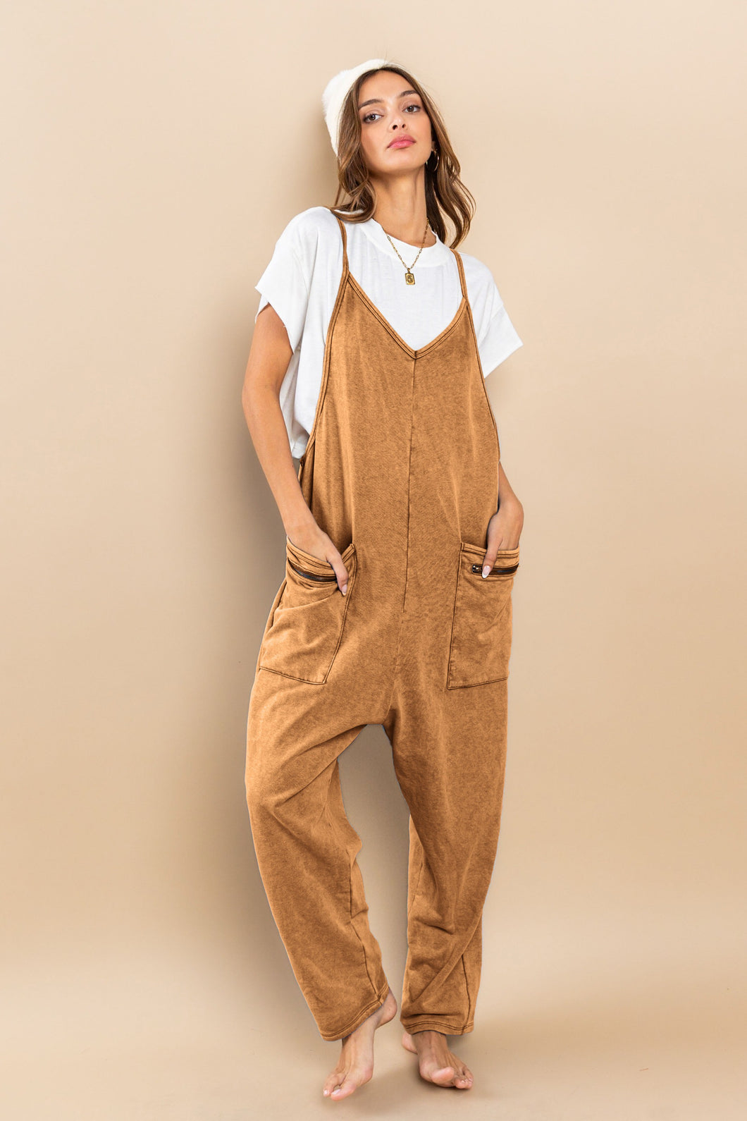 Mocha Mineral Washed French Terry Harem Jumpsuit