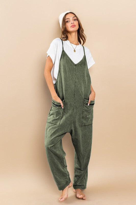 Olive Mineral Washed French Terry Harem Jumpsuit