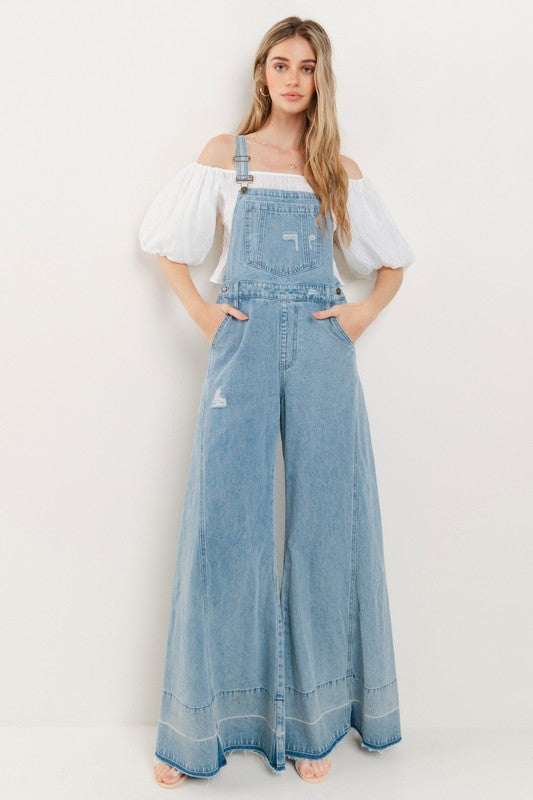 Light Denim Wide Leg Distressed Denim Overalls