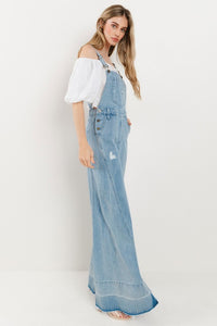 Light Denim Wide Leg Distressed Denim Overalls