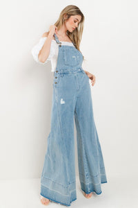 Light Denim Wide Leg Distressed Denim Overalls