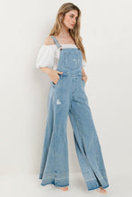 Light Denim Wide Leg Distressed Denim Overalls