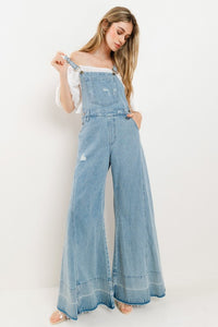 Light Denim Wide Leg Distressed Denim Overalls