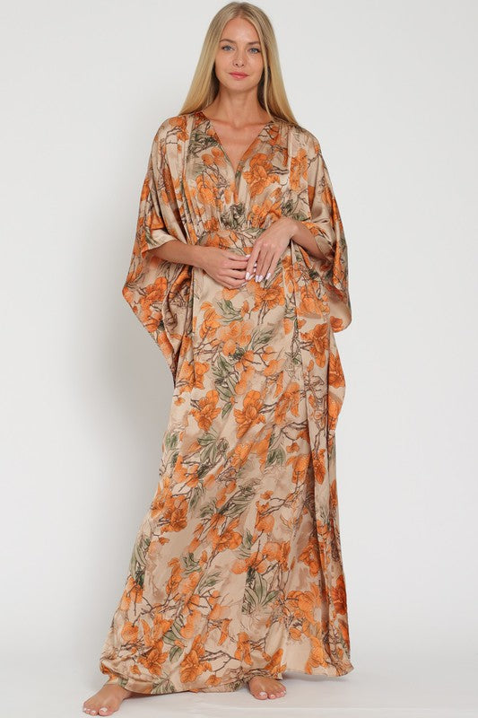 Mocha/Multi Kimono Sleeve Tie Back Waisted Maxi Dress