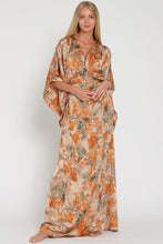 Mocha/Multi Kimono Sleeve Tie Back Waisted Maxi Dress