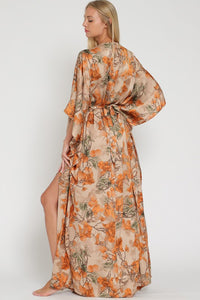 Mocha/Multi Kimono Sleeve Tie Back Waisted Maxi Dress