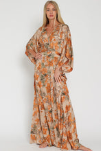 Mocha/Multi Kimono Sleeve Tie Back Waisted Maxi Dress