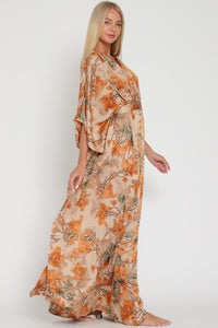 Mocha/Multi Kimono Sleeve Tie Back Waisted Maxi Dress