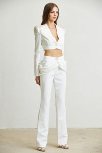White Rhinestone Shoulder Blazer Pant Set