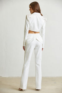 White Rhinestone Shoulder Blazer Pant Set