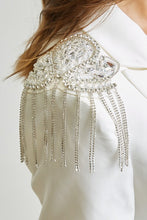 White Rhinestone Shoulder Blazer Pant Set