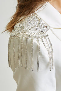 White Rhinestone Shoulder Blazer Pant Set