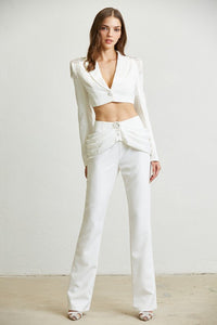 White Rhinestone Shoulder Blazer Pant Set