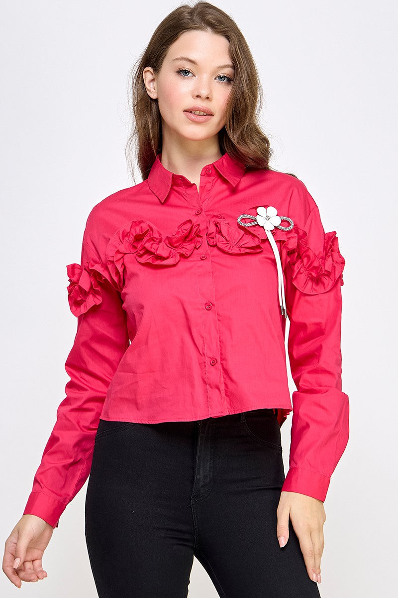 Cherry Rhinestone N Flower Detail Shirt