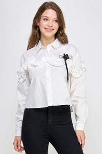 White Rhinestone N Flower Detail Shirt