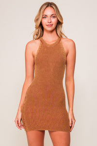 Brown Mineral Wash Bodycon Sweater Dress