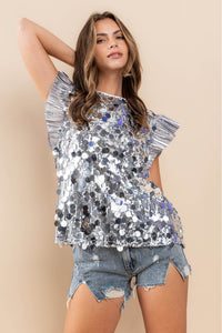 Silver Ruffle Shoulder Sequined Top