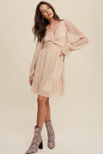 Champagne Twist Front Pleated Mesh Mini Dress