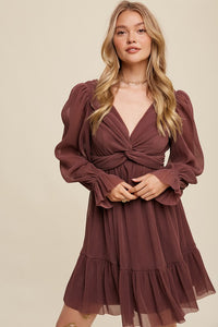 Red Bean Twist Front Pleated Mesh Mini Dress