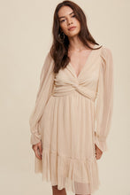 Champagne Twist Front Pleated Mesh Mini Dress