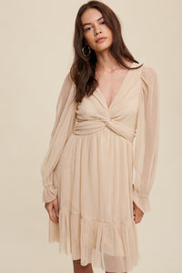 Champagne Twist Front Pleated Mesh Mini Dress