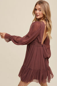 Red Bean Twist Front Pleated Mesh Mini Dress