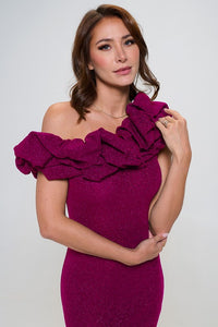 Magenta Glitter Ruffle One Shoulder Maxi Dress