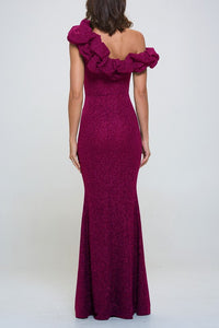 Magenta Glitter Ruffle One Shoulder Maxi Dress