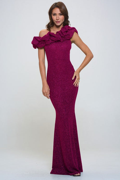 Magenta Glitter Ruffle One Shoulder Maxi Dress