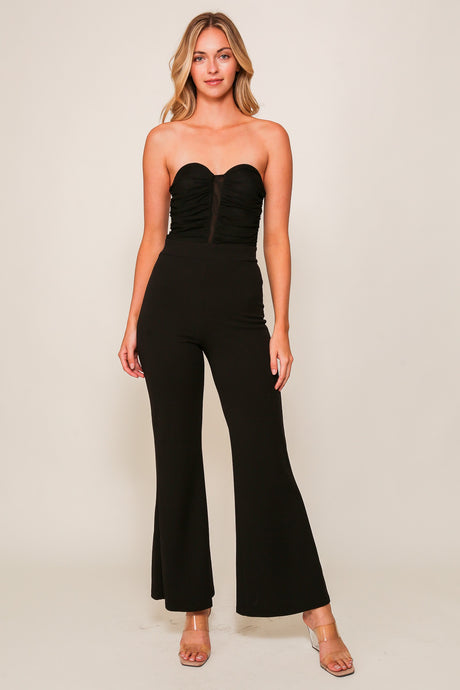 Black Night Out Mesh Top Techno Crepe Jumpsuit