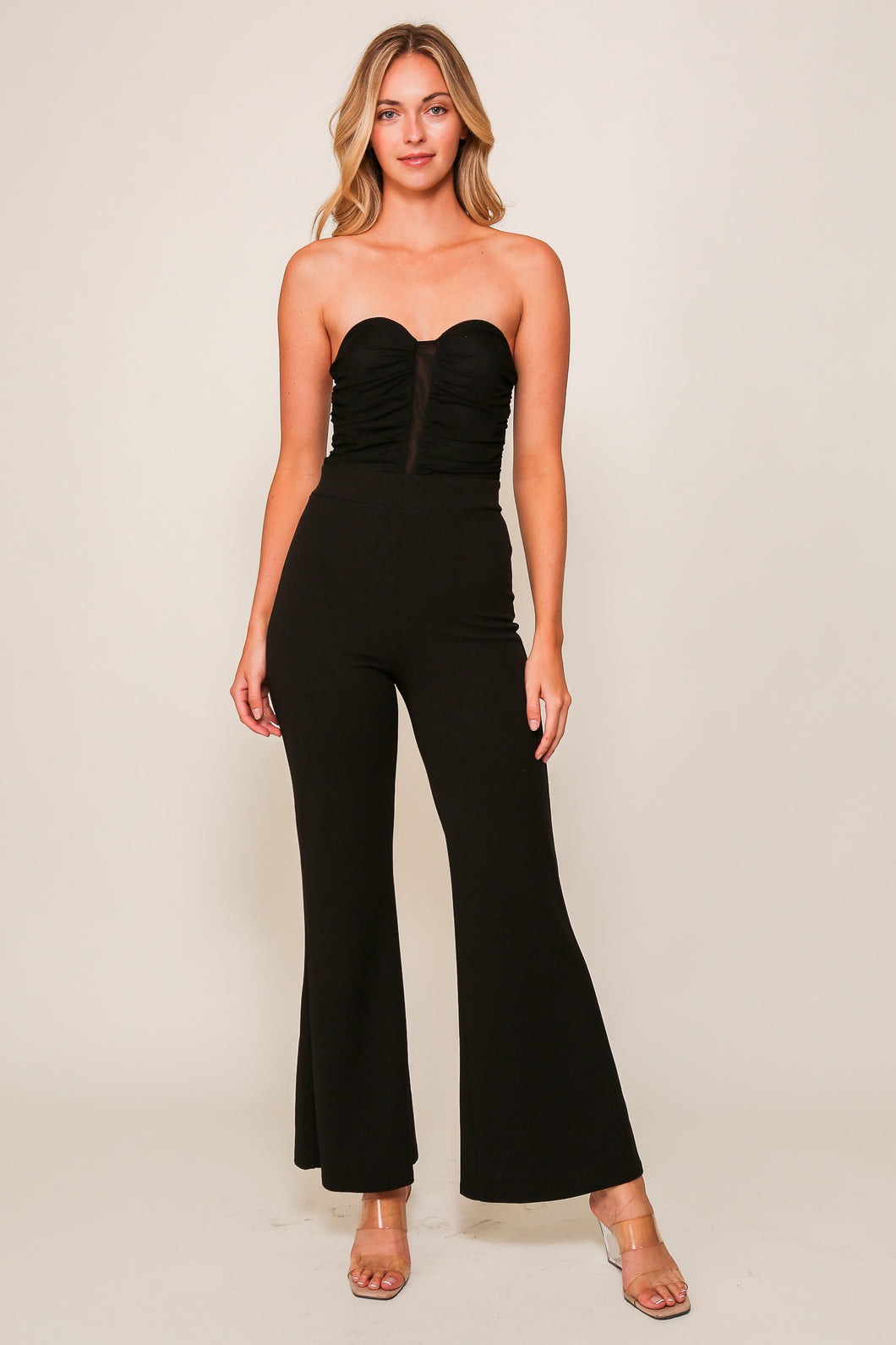 Black Night Out Mesh Top Techno Crepe Jumpsuit