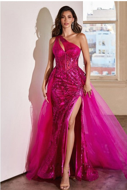 Magenta One Shoulder Glitter & Tulle Gown Aquarius Brand Magenta One Shoulder Glitter & Tulle Gown Aquarius Brand